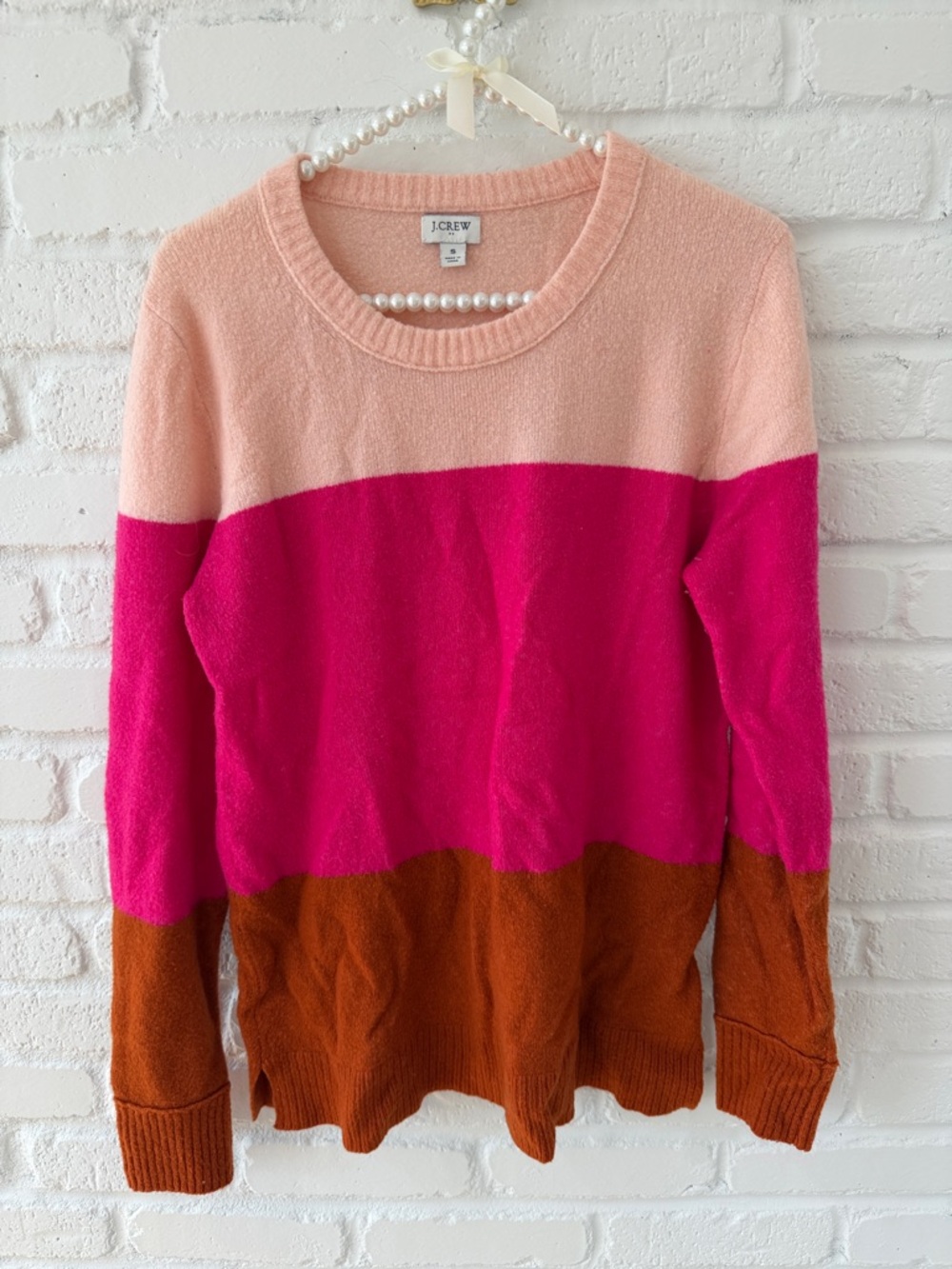 J. Crew Pink, Hot Pink & Brown Colorblock Crewneck Sweater
